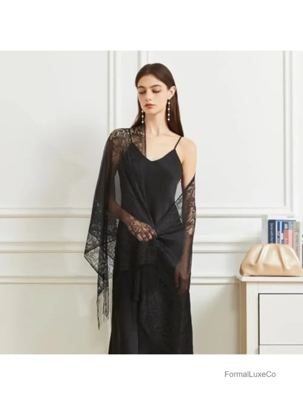 Lace Shawl Wrap with Fringe Evening Wedding Floral Party